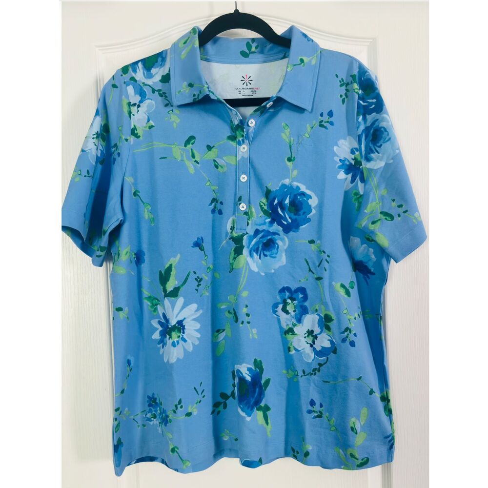 Isaac Mizrahi Live Blue Floral Polo Golf Preppy Short Sleeve Top Shirt